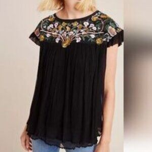 Seen Worn Kept Black Embroidered Sheer Blouse Women’s Small Boho Floral Festival